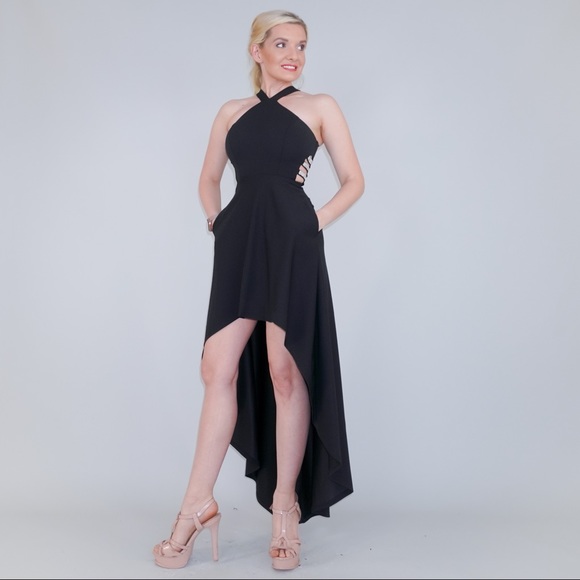 Black Halter High Low Dress with Rhinestones - Picture 6 of 16